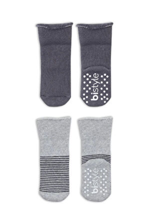 Bistyle Çemberli Kaymaz Havlu Soket Çorap 2'Li BS10503 Gri-Antrasit
