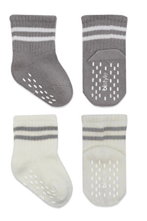 Bistyle Çemberli Kaymaz Soket Çorap 2'Li BS10125 Gri Ekru