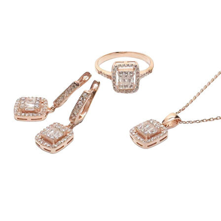 AgaKulche Baget Taşlı Gümüş Takı Seti Rose S32-RB (925)