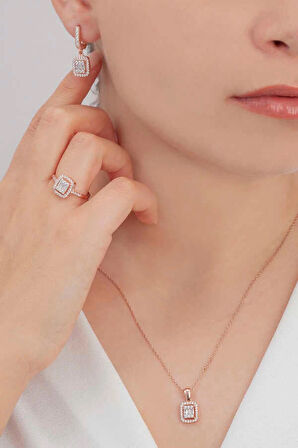 AgaKulche Baget Taşlı Gümüş Takı Seti Rose S32-RB (925)