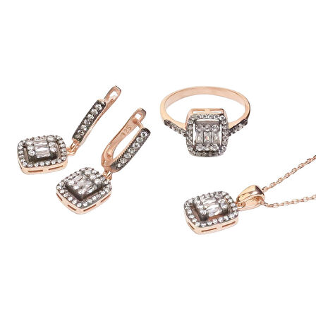 AgaKulche Baget Taşlı Gümüş Takı Seti Elmaz Montür S32-EB (925)