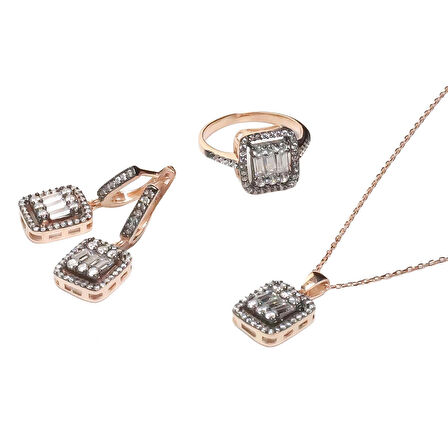 AgaKulche Baget Taşlı Gümüş Takı Seti Elmas Montür S30-EB (925)