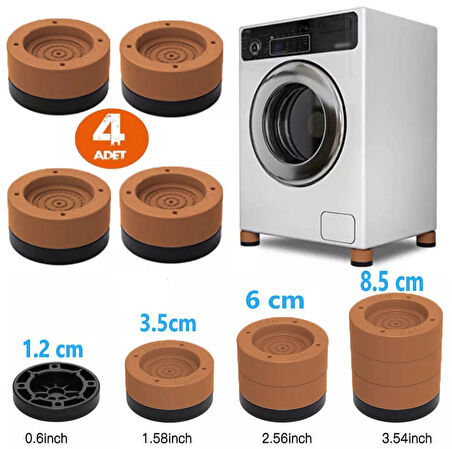 TİNEKE Beyaz Eşya Ayağı Çamaşır Makinesi Mobilya Titreşim Önleyici Kaydırmaz 3.5 Cm Yükseltici 4 Lü KAHVERENGİ