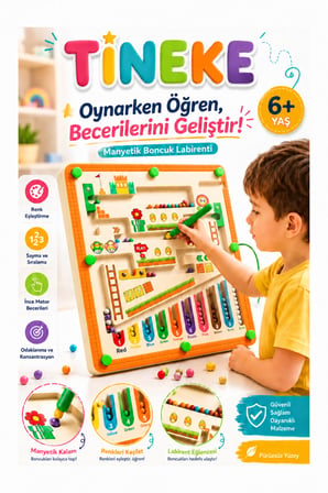 TİNEKE Manyetik Boncuk Labirenti Eğitici Oyuncak Renk Eşleştirme, Sayma ve İnce Motor Beceri Oyunu