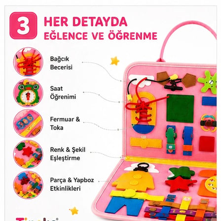 TİNEKE 3+ Yaş Keçe Eğitim Kitabı Montessori Eğitici Aktivite Oyuncağı Beceri ve Zeka Geliştirici Çocuk Kitabı 4 SAYFA PEMBE-İNG