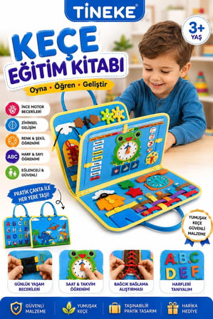 TİNEKE 3+ Yaş Keçe Eğitim Kitabı Montessori Eğitici Aktivite Oyuncağı Beceri ve Zeka Geliştirici Çocuk Kitabı 4 SAYFA MAVİ-İNG