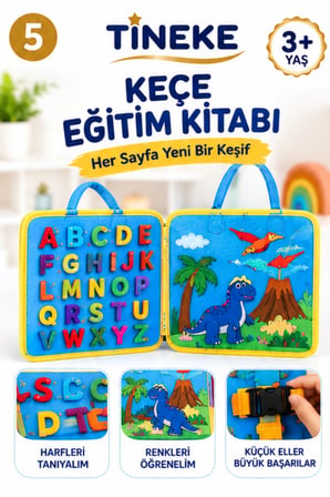 TİNEKE 3+ Yaş Keçe Eğitim Kitabı Montessori Eğitici Aktivite Oyuncağı Beceri ve Zeka Geliştirici Çocuk Kitabı 4 SAYFA MAVİ-İNG