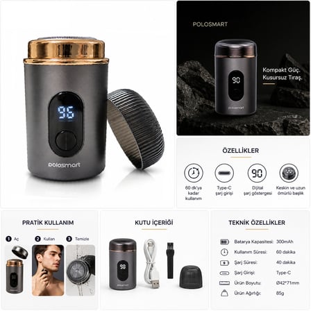 Polosmart Sıfır Traş Makinesi Koltuk altı, Bikini Bölgesi, Hassas Bölge Kullanımı 150 dk Kullanım
