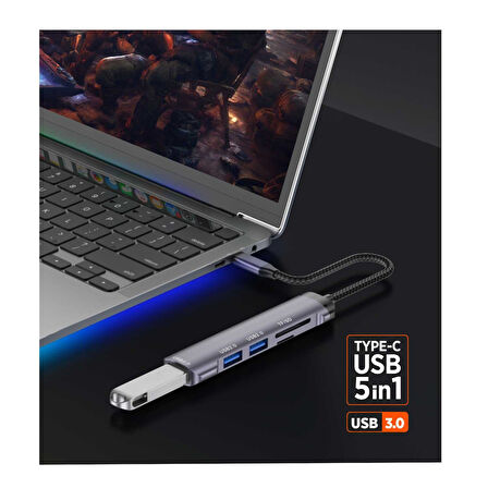 Polosmart PGS407 Type-C Uyumlu 5 Çıkışlı Dönüştürücü Çoklayıcı USB 3.0 Hub Gri 