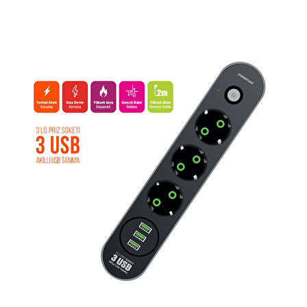Polosmart MP19 Uzatma Kablosu 3 Prizli 3 USB'li 2 Metre Kısa Devre Korumalı Siyah
