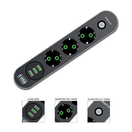 Polosmart MP19 Uzatma Kablosu 3 Prizli 3 USB'li 2 Metre Kısa Devre Korumalı Siyah