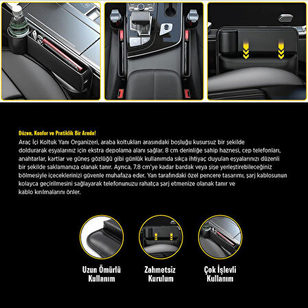 Space24 SP133 Araç İçi Koltuk Yanı Organizeri Bardaklık ve Telefon Şarj Girişli Siyah