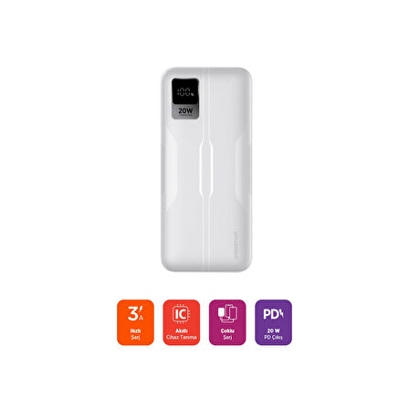 Polosmart PSM130 Taşınabilir 20W PD Çıkışı Dijital Göstergeli Şarj Cihazı Powerbank 10.000 mAh Beyaz