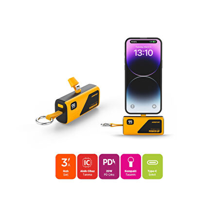 Polosmart PSM132 Taşınabilir Dijital Göstergeli 20W PD Çıkışlı Şarj Cihazı Powerbank 5.000 mAh Sarı