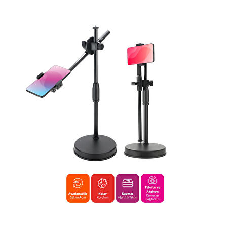 Polosmart PSM139 Masaüstü Tripod 360° Döner Telefon Tutucu Ring Light Uyumlu Siyah