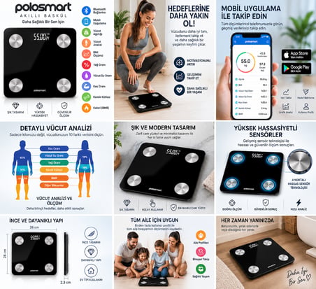 Polosmart PSR102 Akıllı Baskül Bluetooth Vücut Analizli 180 kg Siyah Cam Yüzey