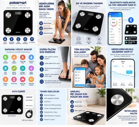 Polosmart PSR102 Akıllı Baskül Bluetooth Vücut Analizli 180 kg Siyah Cam Yüzey