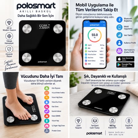 Polosmart PSR102 Akıllı Baskül Bluetooth Vücut Analizli 180 kg Siyah Cam Yüzey