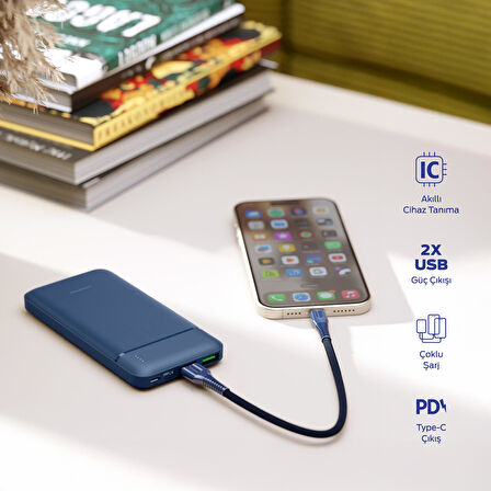 Polosmart PBS131 10000 mAh Powerbank Type-C Girişli Çift USB Hızlı Şarj Cihazı Navy