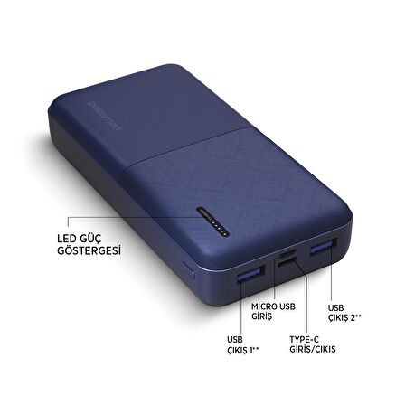 Polosmart PBS132 Led Göstergeli 2 USB 1 PD Çıkışlı Taşınabilir Şarj Cihazı Powerbank Navy