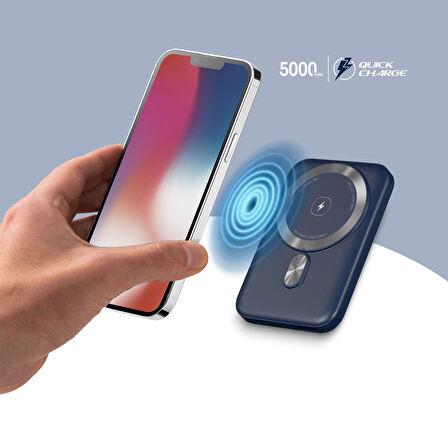 Polosmart PBS133 Magsafe Kablosuz Hızlı Taşınabilir Şarj Cihazı Powerbank 5000 mAh Navy
