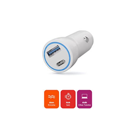 Polosmart PBS134 Hızlı 1 USB 1 PD Çıkışlı 20W Araç Şarjı Beyaz