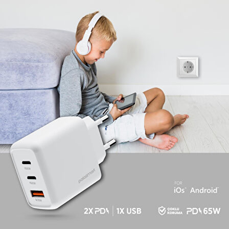 Polosmart PBS135 65W PD Hızlı Şarj Adaptörü 2 Type-C + USB Çıkış (3 Port) Güvenli Şarj Beyaz