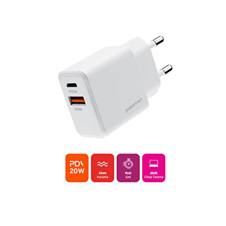 Polosmart PBS136 Hızlı 1 USB 1 PD Çıkışlı 20W Şarj Adaptörü Duvar Şarjı Beyaz