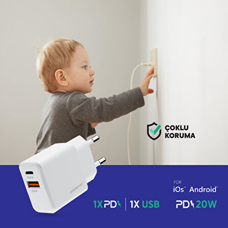Polosmart PBS136 Hızlı 1 USB 1 PD Çıkışlı 20W Şarj Adaptörü Duvar Şarjı Beyaz