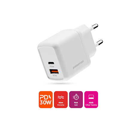 Polosmart PBS137 Hızlı 1 USB 1 PD Çıkışlı 30W Şarj Adaptörü Duvar Şarjı Beyaz