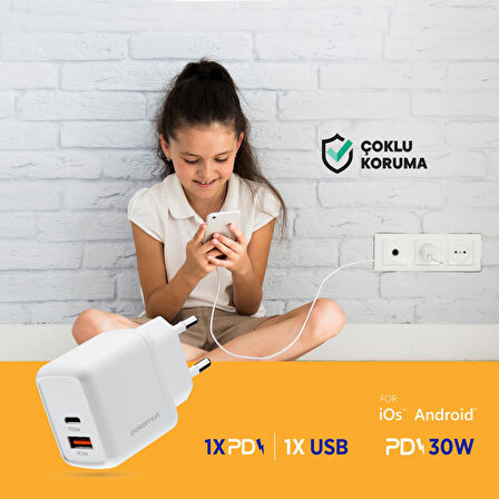 Polosmart PBS137 Hızlı 1 USB 1 PD Çıkışlı 30W Şarj Adaptörü Duvar Şarjı Beyaz