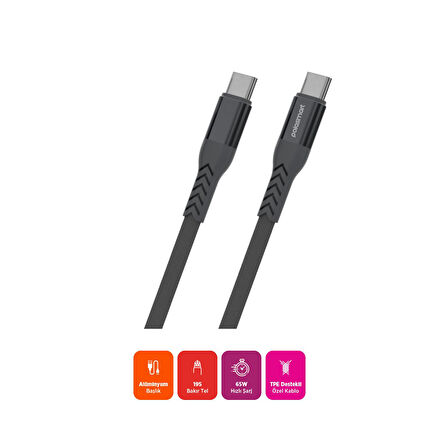 Polosmart PBS421 Hızlı 65W Type-C to Type-C Şarj ve Data Kablosu 1.2 Metre Gri