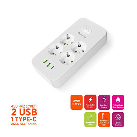 Polosmart MP25 Akım Korumalı Uzatma Kablosu 4'lü Priz 2 USB Type-C PD 20W 2 Metre Beyaz