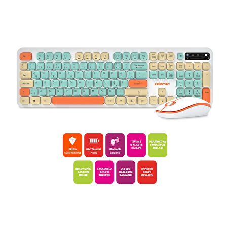 Polosmart PSK12 Kablosuz 2.4 Ghz Pilli Klavye & Mouse Set Beyaz