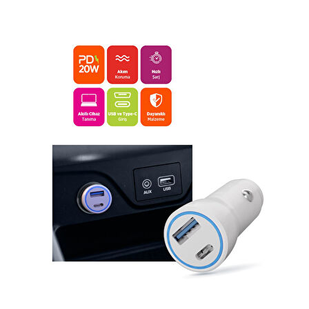 Polosmart PSM133 20W PD Hızlı Araç Şarj Cihazı Type-C + USB Çıkış Çift Port Akıllı Şarj Beyaz