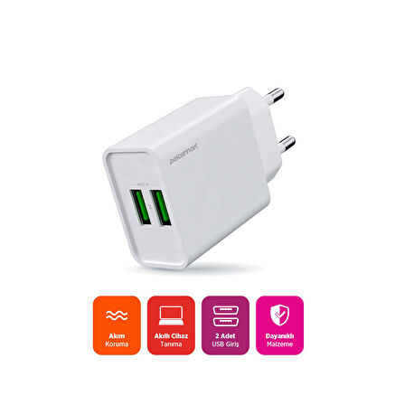 Polosmart PSM134 2A Çift USB Şarj Adaptörü Akıllı Tanıma Hızlı Şarj Başlığı 10W Beyaz