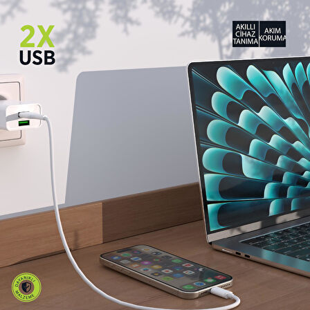 Polosmart PSM134 2A Çift USB Şarj Adaptörü Akıllı Tanıma Hızlı Şarj Başlığı 10W Beyaz