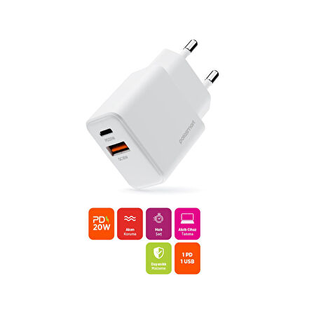 Polosmart PSM136 20W PD + 18W USB Hızlı Şarj Cihazı Çift Port Akıllı Tanıma Duvar Adaptörü Beyaz