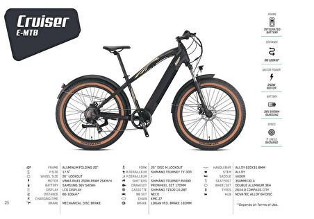 LOOP CRUISER 26 ELEKTRİKLİ FAT BIKE BİSİKLET 7Vites MD 17 MAT SİYAH -KAHVERENGİ