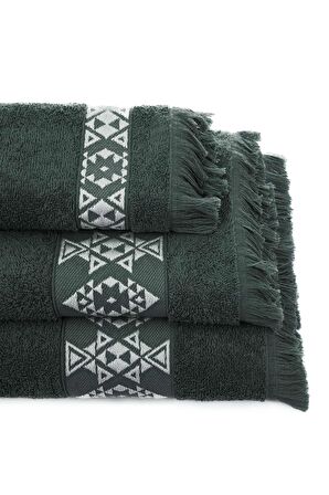 Green Black Hereke 3'lü Havlu Seti %100 Pamuk Jakarlı Krem Bordürlü Yeşil