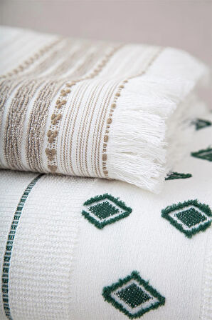 Ecocotton İmre/İzgi Bej/Yeşil %100 Organik Pamuk 4 Parça Hamam Seti