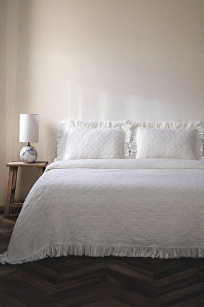Ecocotton Tanya Krem %100 Organik Pamuk Çift Kişilik Pike Yatak Örtüsü Takımı  