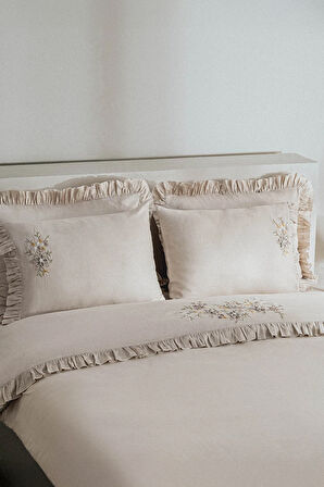 Ecocotton Zaira Bej Çift Kişilik %100 Organik Pamuk El Nakışlı Nevresim Takımı