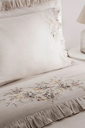 Ecocotton Zaira Bej Çift Kişilik %100 Organik Pamuk El Nakışlı Nevresim Takımı