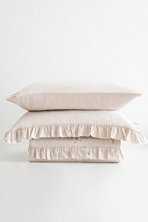 Ecocotton Zaira Bej Çift Kişilik %100 Organik Pamuk El Nakışlı Nevresim Takımı