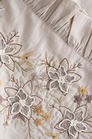 Ecocotton Zaira Bej Çift Kişilik %100 Organik Pamuk El Nakışlı Nevresim Takımı