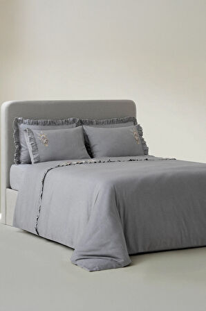 Ecocotton Zaira Gri Çift Kişilik %100 Organik Pamuk El Nakışlı Nevresim Takımı