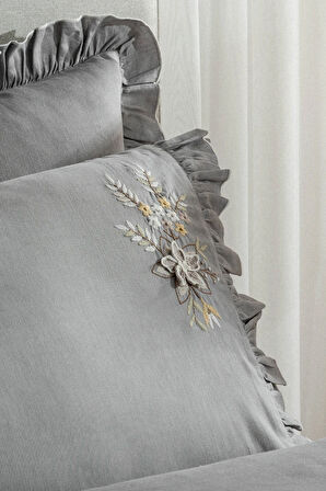 Ecocotton Zaira Gri Çift Kişilik %100 Organik Pamuk El Nakışlı Nevresim Takımı