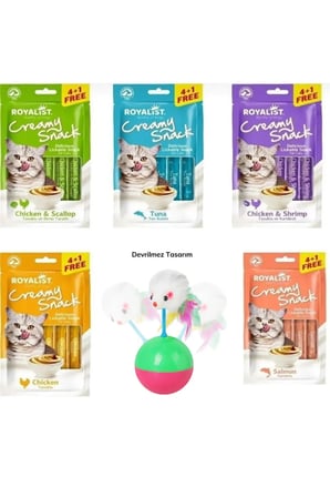 Creamy Snack 75 Gr Kedi Ödül Maması 5li Set Ve 1 Adet Kedi Oyun Topu Tüylü Fareli Hacı Yatmaz
