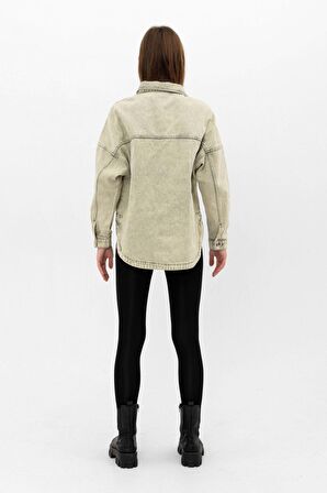 Haki Yeşil  Cepli Yırtmaç Detaylı Oversize Denim Ceket